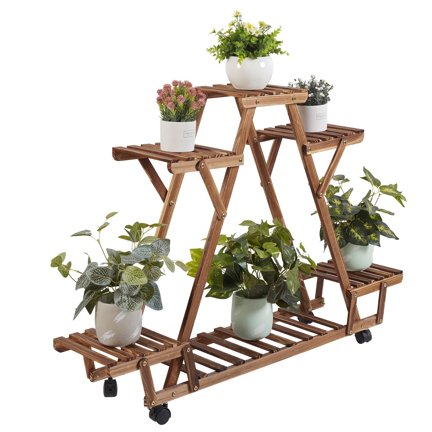 Elegant 6-Tier Triangular Plant Shelf with Wheels: Carbonised Wood Display and Storage Rack for Garden Flower Pots