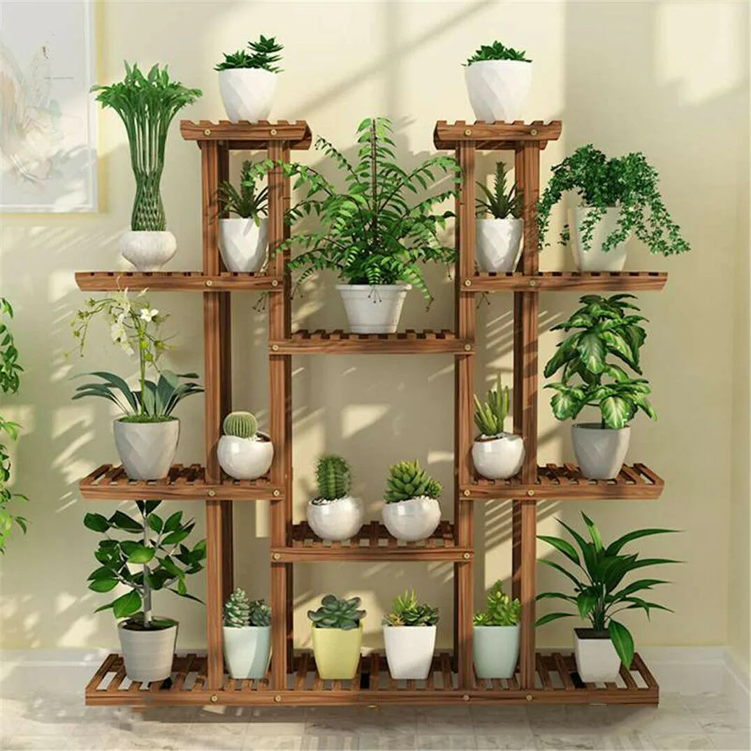 Elegant Wood Plant Stand: Multi-Tier Flower Rack for Indoor/Outdoor Use