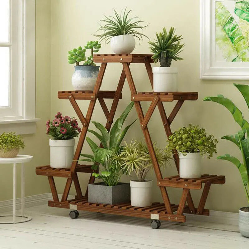 Elegant 6-Tier Triangular Plant Shelf with Wheels: Carbonised Wood Display and Storage Rack for Garden Flower Pots