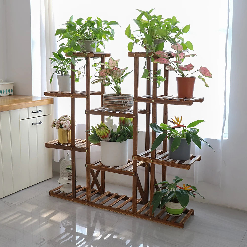 Elegant Wood Plant Stand: Multi-Tier Flower Rack for Indoor/Outdoor Use