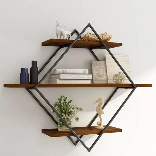 Geometric Wood Floating Shelf: Industrial Elegance, 3-Tier Design