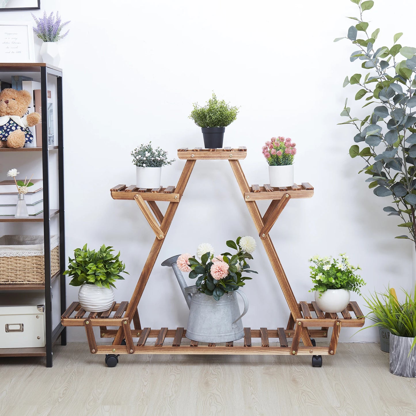 Elegant 6-Tier Triangular Plant Shelf with Wheels: Carbonised Wood Display and Storage Rack for Garden Flower Pots