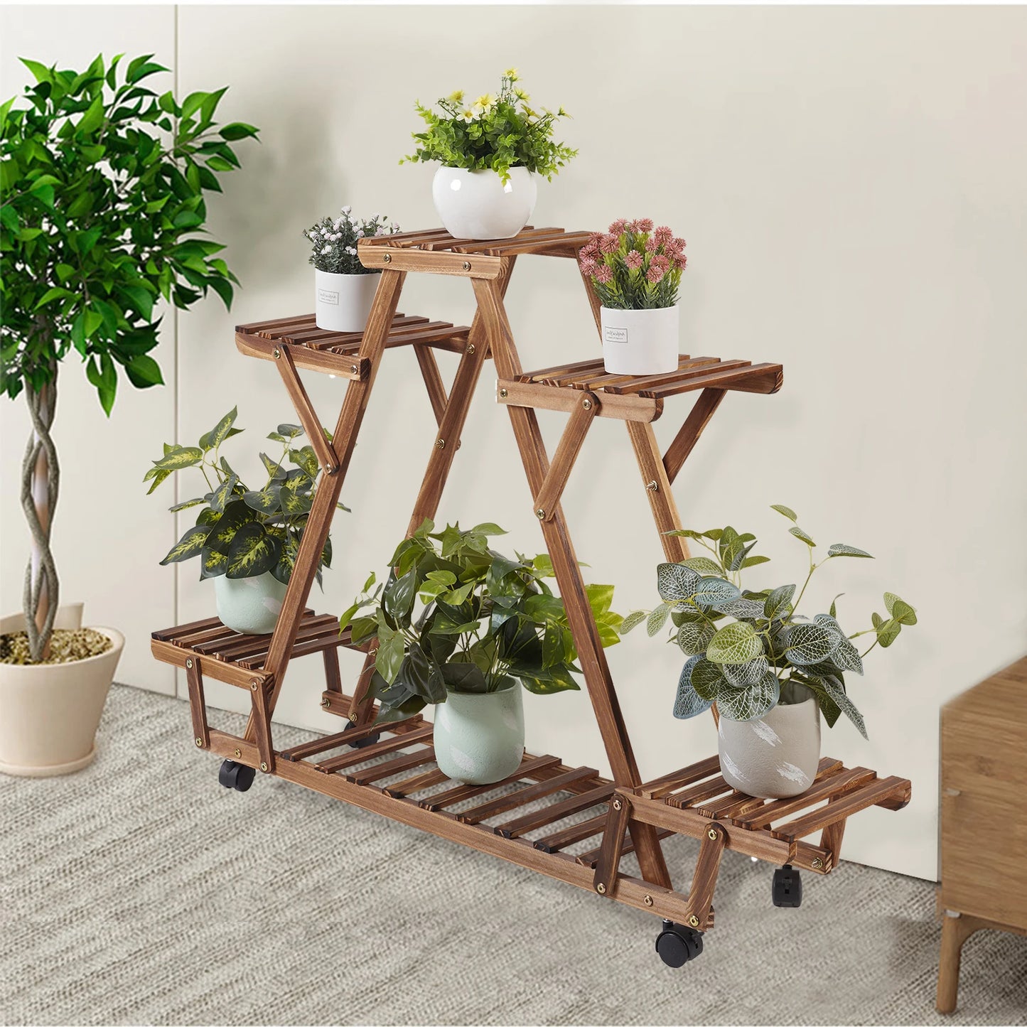 Elegant 6-Tier Triangular Plant Shelf with Wheels: Carbonised Wood Display and Storage Rack for Garden Flower Pots