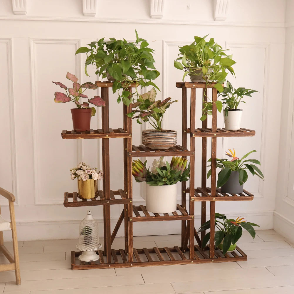 Elegant Wood Plant Stand: Multi-Tier Flower Rack for Indoor/Outdoor Use