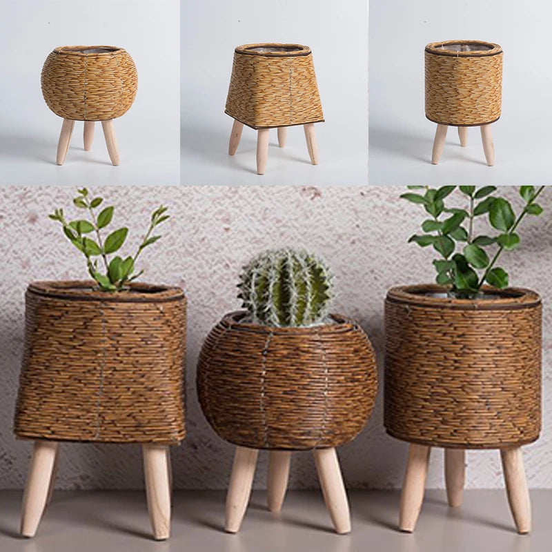 Nordic Rattan-Style Flower Pot Stand – Decorative Plant Basket with Removable Legs