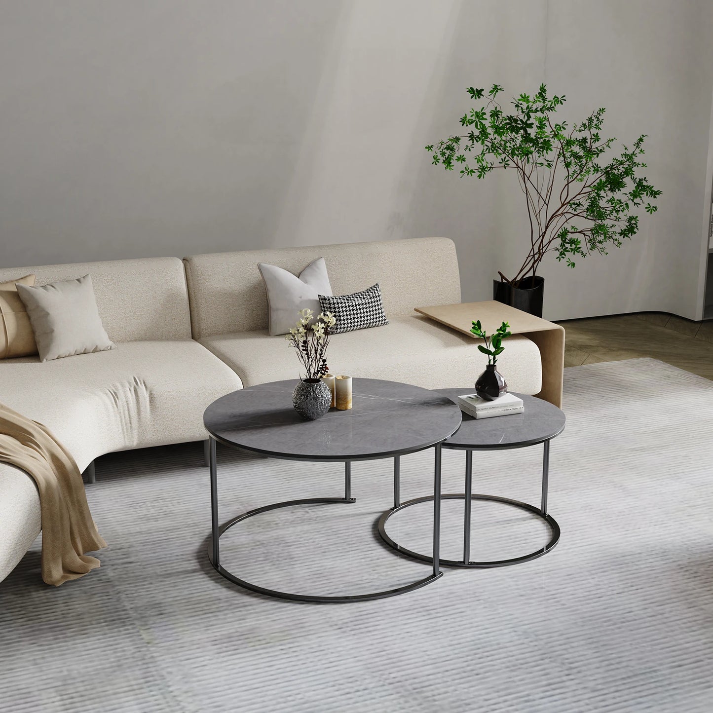 Contemporary Nesting Coffee Table Set: Grey Marble Top with Metal Legs