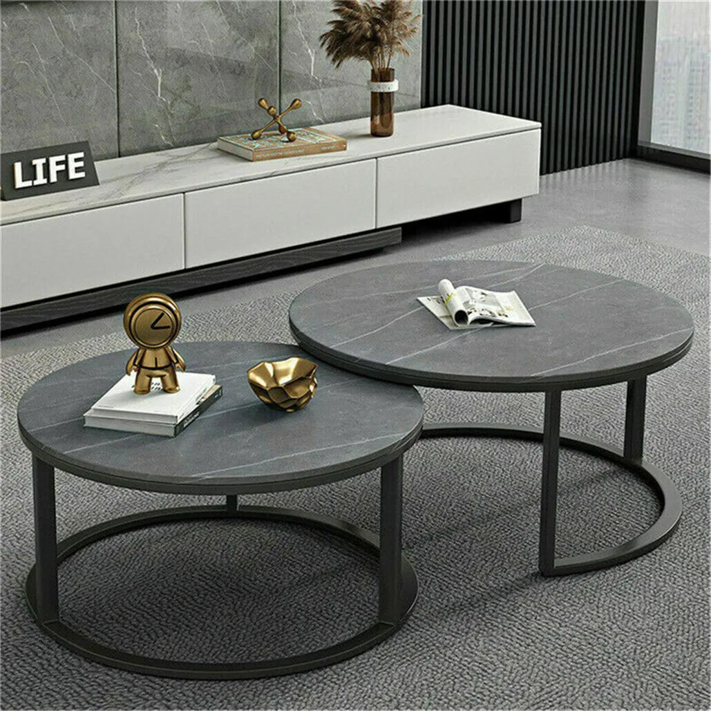 Contemporary Nesting Coffee Table Set: Grey Marble Top with Metal Legs