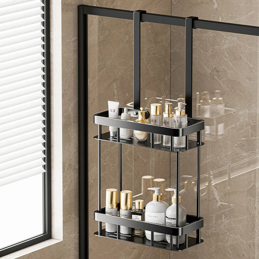 No-Drill Shower Caddy – Bathroom Glass Door Storage Basket and Towel Rack