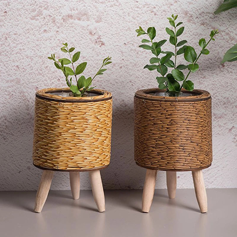 Nordic Rattan-Style Flower Pot Stand – Decorative Plant Basket with Removable Legs