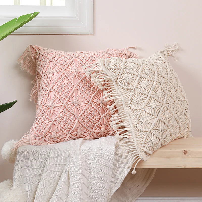 Boho Handwoven Throw Pillow Cover – Pink Geometric Rope Pattern for Sofa or Bedroom