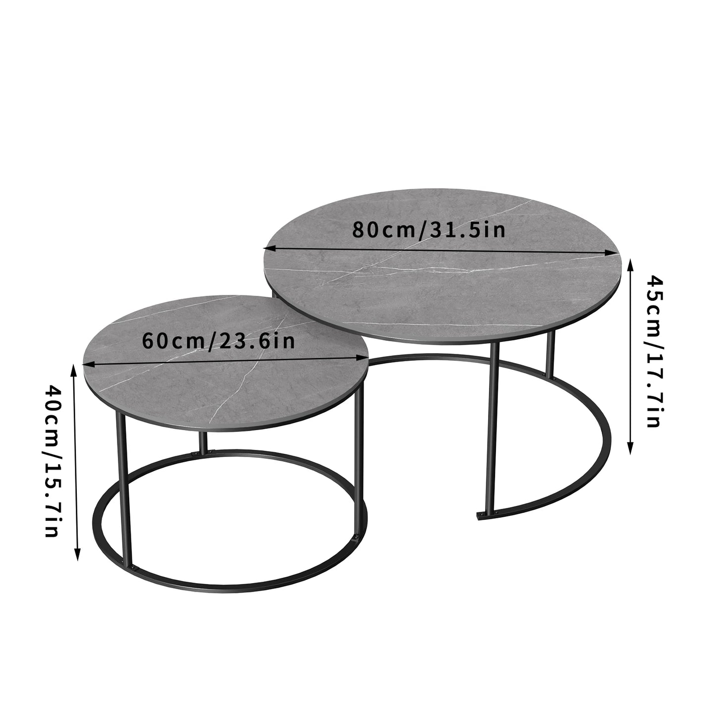 Contemporary Nesting Coffee Table Set: Grey Marble Top with Metal Legs