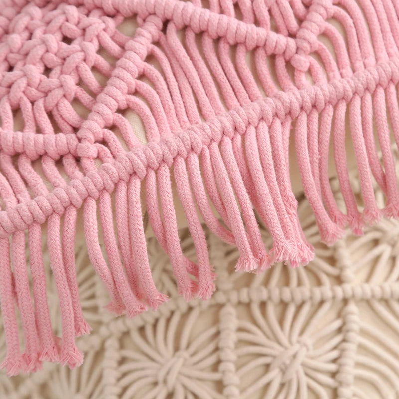 Boho Handwoven Throw Pillow Cover – Pink Geometric Rope Pattern for Sofa or Bedroom