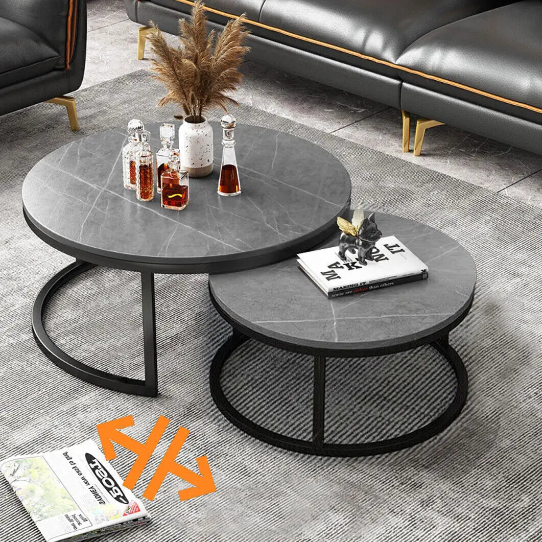 Contemporary Nesting Coffee Table Set: Grey Marble Top with Metal Legs