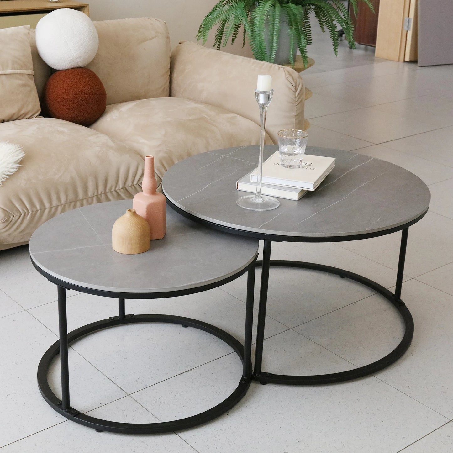 Contemporary Nesting Coffee Table Set: Grey Marble Top with Metal Legs