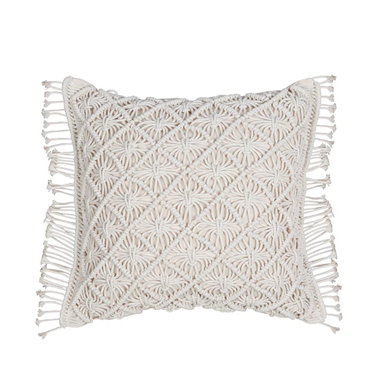 Boho Handwoven Throw Pillow Cover – Pink Geometric Rope Pattern for Sofa or Bedroom