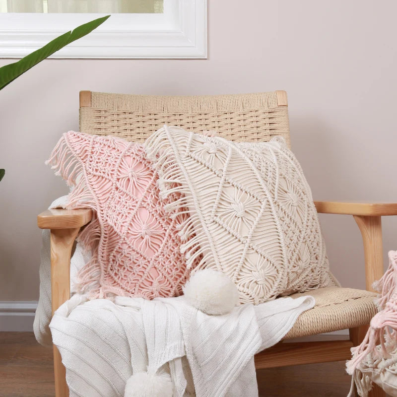 Boho Handwoven Throw Pillow Cover – Pink Geometric Rope Pattern for Sofa or Bedroom